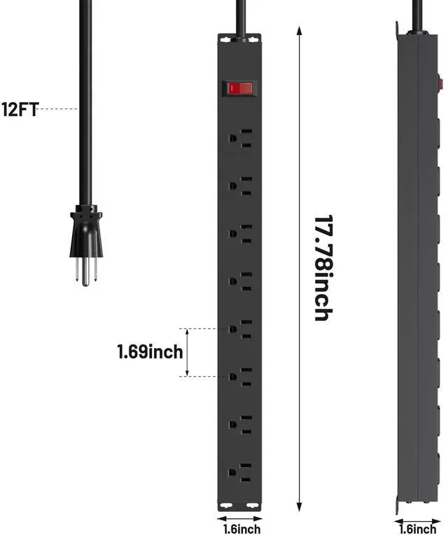 Alt view image 7 of 7 - 8 Outlets Metal Heavy Duty Power Strip with 12 Ft 14AWG Power Cord,Wide Spaced Outlets,Wall Mount Long Power Strip for Commercial,Industrial,School,Garage,Home,15A 125V 1875W,Black (12FT)