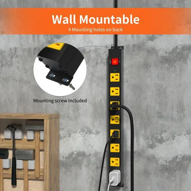 Alt view image 2 of 7 - 8 Outlet Long Power Strip, 2100J Surge Protector Heavy Duty 6FT Cord Wide Spaced and Wall Mount Metal Powerstrip for Home Office Garage Workshop