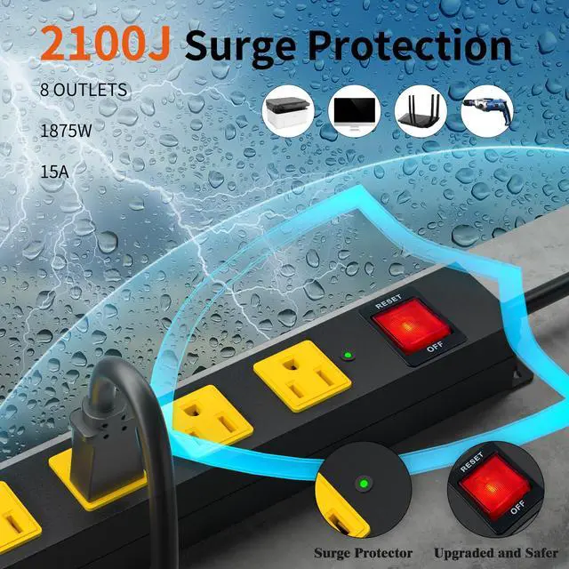 Alt view image 3 of 7 - 8 Outlet Long Power Strip, 2100J Surge Protector Heavy Duty 6FT Cord Wide Spaced and Wall Mount Metal Powerstrip for Home Office Garage Workshop