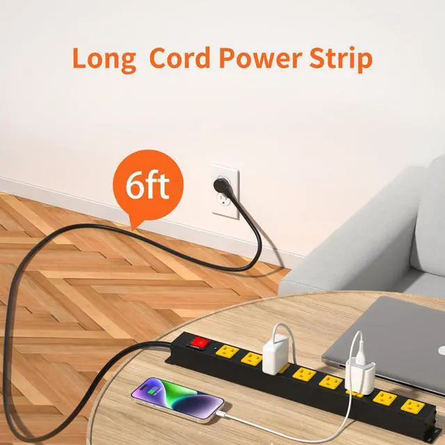 Alt view image 5 of 7 - 8 Outlet Long Power Strip, 2100J Surge Protector Heavy Duty 6FT Cord Wide Spaced and Wall Mount Metal Powerstrip for Home Office Garage Workshop