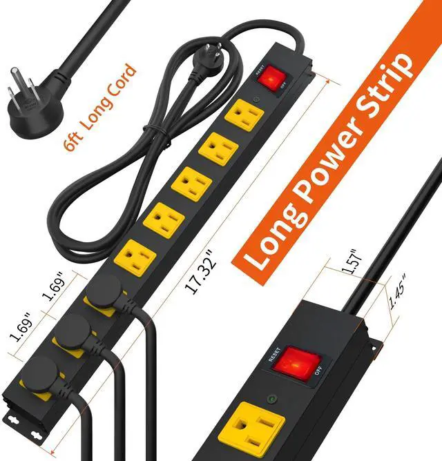 Alt view image 7 of 7 - 8 Outlet Long Power Strip, 2100J Surge Protector Heavy Duty 6FT Cord Wide Spaced and Wall Mount Metal Powerstrip for Home Office Garage Workshop
