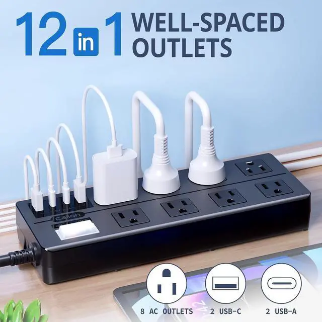 Alt view image 2 of 7 - IPX6 Outdoor Power Strip Weatherproof, Waterproof Surge Protector with 8 Wide Outlet with 2A2C USB Ports, 15FT Long Extension Cord, Wall Mountable for Outside Decorations and More UL Listed(Black)