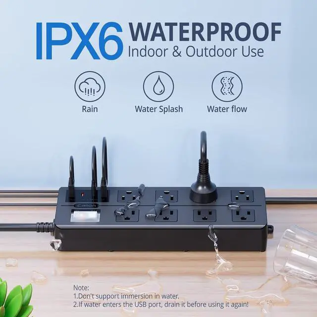 Alt view image 3 of 7 - IPX6 Outdoor Power Strip Weatherproof, Waterproof Surge Protector with 8 Wide Outlet with 2A2C USB Ports, 15FT Long Extension Cord, Wall Mountable for Outside Decorations and More UL Listed(Black)