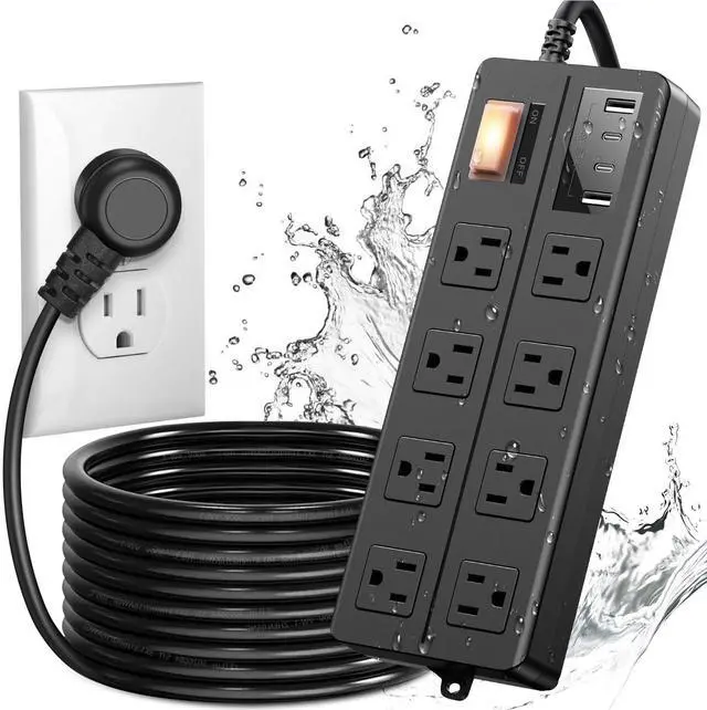 Main image of IPX6 Outdoor Power Strip Weatherproof, Waterproof Surge Protector with 8 Wide Outlet with 2A2C USB Ports, 15FT Long Extension Cord, Wall Mountable for Outside Decorations and More UL Listed(Black)