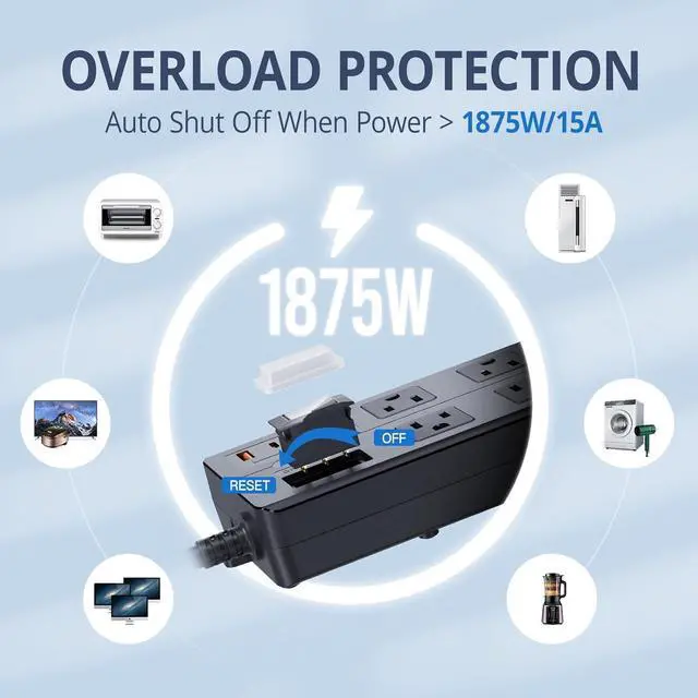 Alt view image 4 of 7 - IPX6 Outdoor Power Strip Weatherproof, Waterproof Surge Protector with 8 Wide Outlet with 2A2C USB Ports, 15FT Long Extension Cord, Wall Mountable for Outside Decorations and More UL Listed(Black)