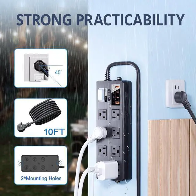 Alt view image 5 of 7 - IPX6 Outdoor Power Strip Weatherproof, Waterproof Surge Protector with 8 Wide Outlet with 2A2C USB Ports, 15FT Long Extension Cord, Wall Mountable for Outside Decorations and More UL Listed(Black)