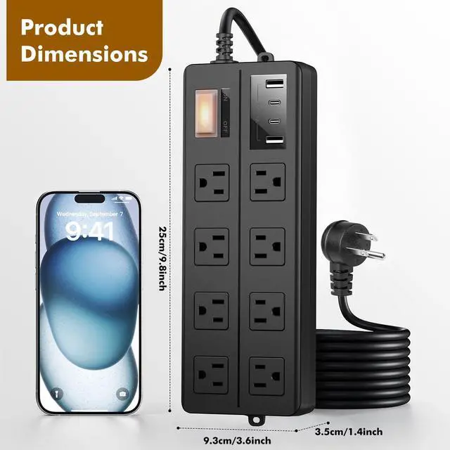 Alt view image 6 of 7 - IPX6 Outdoor Power Strip Weatherproof, Waterproof Surge Protector with 8 Wide Outlet with 2A2C USB Ports, 15FT Long Extension Cord, Wall Mountable for Outside Decorations and More UL Listed(Black)