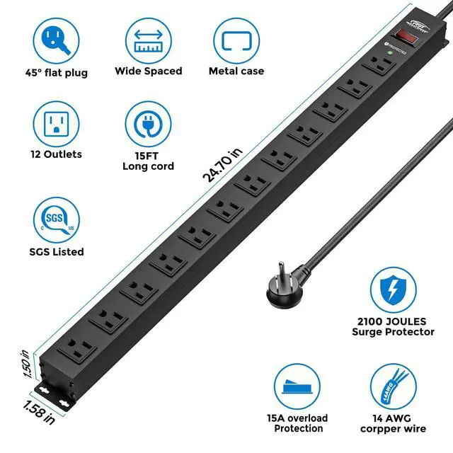 Alt view image 2 of 6 - CRST 12-Outlet Long Power Strip with 15FT Cord, 2100 Joules Heavy Duty Surge Protector Mountable Power Strip, Wide Spaced Outlets for Industrial Garage Commercial(15A/1875W)