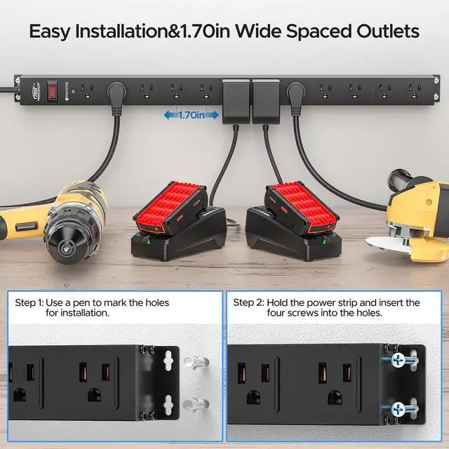 Alt view image 3 of 6 - CRST 12-Outlet Long Power Strip with 15FT Cord, 2100 Joules Heavy Duty Surge Protector Mountable Power Strip, Wide Spaced Outlets for Industrial Garage Commercial(15A/1875W)