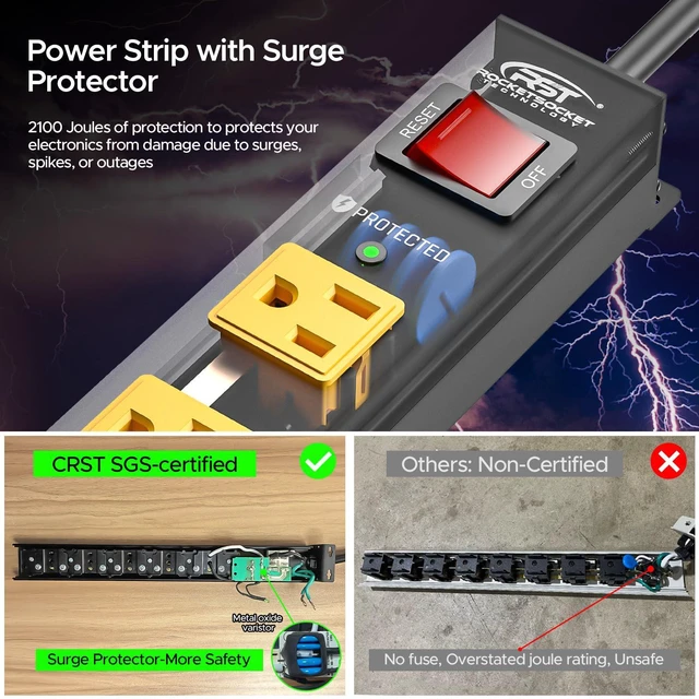 Alt view image 3 of 7 - 8 Outlet Heavy Duty Metal Power Strip, 15A/1875W, 6 FT Cord Surge Protector Power Strip 2100J, Mountable Wide Spaced Power Bar for Workshop/Garage/Home/Office