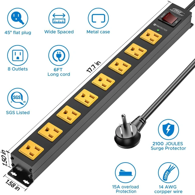 Alt view image 2 of 7 - 2 Pack 8 Outlet Heavy Duty Power Strip with Switch,15A/1875W, 6FT 2100J Surge Protector Power Strip, 1.7'' Wide Spaced Metal Power Strip for Workshop Garage Home School