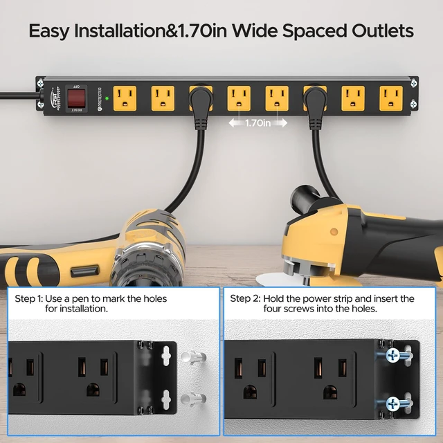 Alt view image 4 of 7 - 2 Pack 8 Outlet Heavy Duty Power Strip with Switch,15A/1875W, 6FT 2100J Surge Protector Power Strip, 1.7'' Wide Spaced Metal Power Strip for Workshop Garage Home School