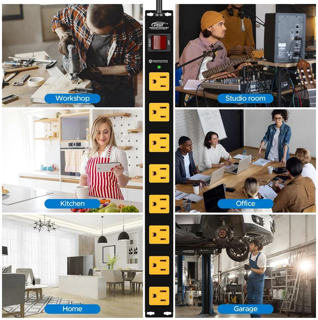 Alt view image 7 of 7 - 8 Outlet Heavy Duty Metal Power Strip, 15A/1875W, 6 FT Cord Surge Protector Power Strip 2100J, Mountable Wide Spaced Power Bar for Workshop/Garage/Home/Office