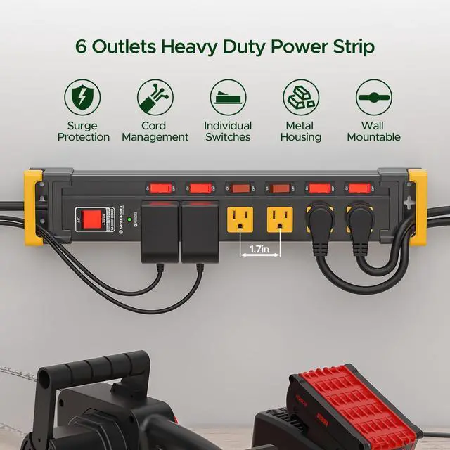 Alt view image 4 of 6 - 6 Outlet Heavy Duty Power Strip with Individual Switches, 3300J Surge Protector Metal Mountable Power Strip, 6FT Cord Management, Wide-Spaced, ETL Listed (15A/1875W)