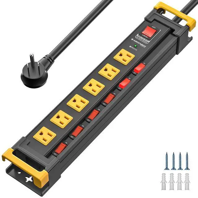 Main image of 6 Outlet Heavy Duty Power Strip with Individual Switches, 3300J Surge Protector Metal Mountable Power Strip, 6FT Cord Management, Wide-Spaced, ETL Listed (15A/1875W)