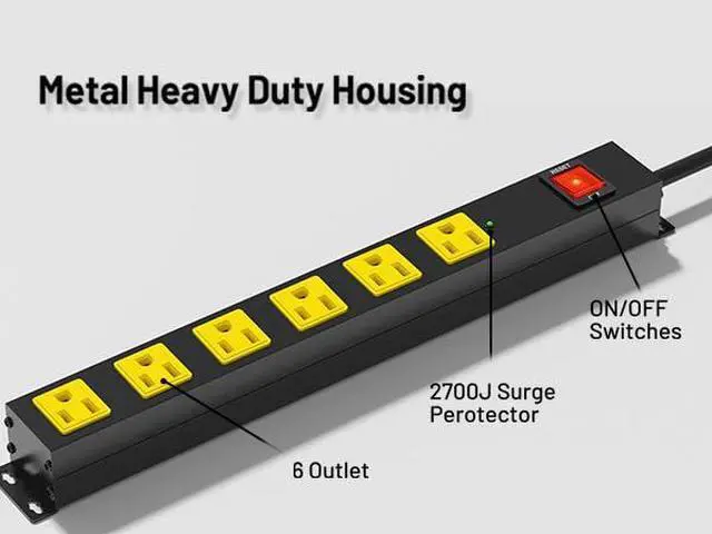 Alt view image 2 of 7 - Heavy Duty 6 Outlet Metal Long Power Strip, 2700J Surge Protector with 15A Circuit Breaker, 6FT Extension Cord, Wall Mount for Garage, Workshop & Industrial Use, Wide Spaced (6ft)