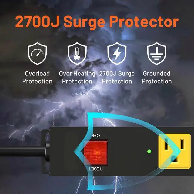 Alt view image 4 of 7 - Heavy Duty 6 Outlet Metal Long Power Strip, 2700J Surge Protector with 15A Circuit Breaker, 6FT Extension Cord, Wall Mount for Garage, Workshop & Industrial Use, Wide Spaced (6ft)