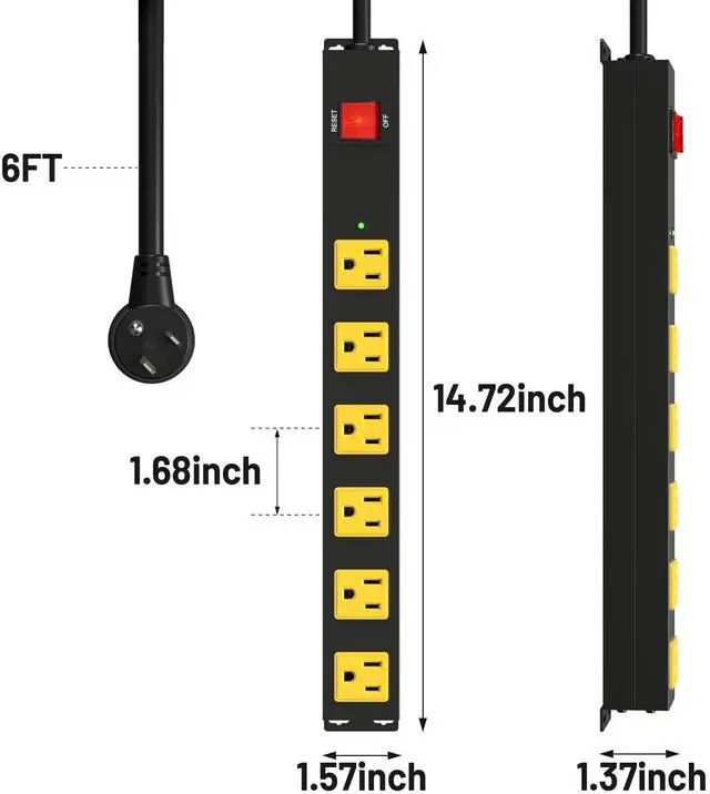 Alt view image 7 of 7 - Heavy Duty 6 Outlet Metal Long Power Strip, 2700J Surge Protector with 15A Circuit Breaker, 6FT Extension Cord, Wall Mount for Garage, Workshop & Industrial Use, Wide Spaced (6ft)