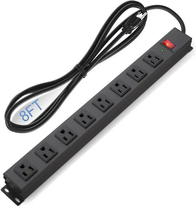 Main image of 8 Outlet Power Strip Surge Protector, 8 Feet Metal Power Strip Heavy Duty with Switch for Home Office School Shop Garage, Wall Mount with Screw, 2100J 15A 125V 1875W, 14AWG, SGS Listed, Black
