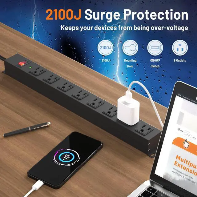 Alt view image 2 of 7 - 8 Outlet Power Strip Surge Protector, 8 Feet Metal Power Strip Heavy Duty with Switch for Home Office School Shop Garage, Wall Mount with Screw, 2100J 15A 125V 1875W, 14AWG, SGS Listed, Black
