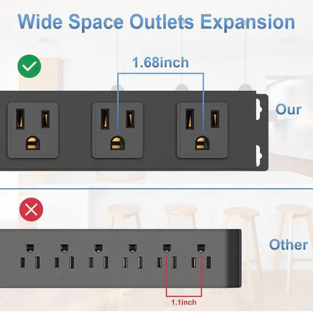 Alt view image 4 of 7 - 8 Outlet Power Strip Surge Protector, 8 Feet Metal Power Strip Heavy Duty with Switch for Home Office School Shop Garage, Wall Mount with Screw, 2100J 15A 125V 1875W, 14AWG, SGS Listed, Black