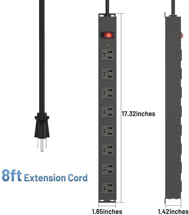 Alt view image 6 of 7 - 8 Outlet Power Strip Surge Protector, 8 Feet Metal Power Strip Heavy Duty with Switch for Home Office School Shop Garage, Wall Mount with Screw, 2100J 15A 125V 1875W, 14AWG, SGS Listed, Black