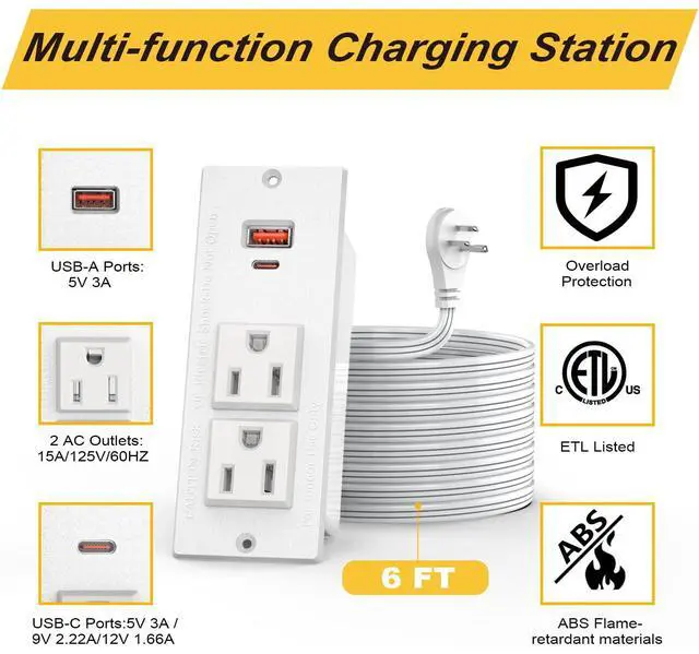 Alt view image 5 of 7 - Recessed Power Strip with PD 20W USB C Ports, Desk Power Grommet Recessed Outlets with 2-Outlet & 2 USB Ports 6FT Extension Cord Flush-Mount Power Socket for Cabinet/Drawer/Nightstand, ETL Listed