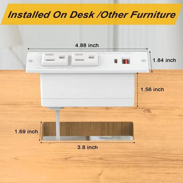 Alt view image 6 of 7 - Recessed Power Strip with PD 20W USB C Ports, Desk Power Grommet Recessed Outlets with 2-Outlet & 2 USB Ports 6FT Extension Cord Flush-Mount Power Socket for Cabinet/Drawer/Nightstand, ETL Listed