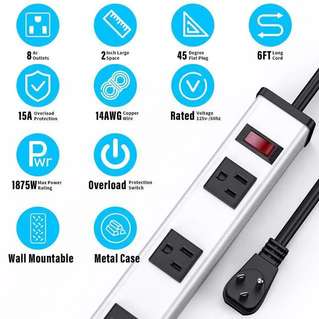 Alt view image 3 of 7 - BERIGTTA 8-Outlet Long Metal Heavy Duty Power Strip - 6FT Cord, 15A/1875W, Wide Spaced Outlets, Mountable for Home, Office, Garage, and Workshop