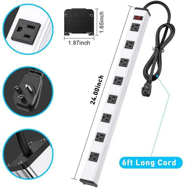 Alt view image 7 of 7 - BERIGTTA 8-Outlet Long Metal Heavy Duty Power Strip - 6FT Cord, 15A/1875W, Wide Spaced Outlets, Mountable for Home, Office, Garage, and Workshop