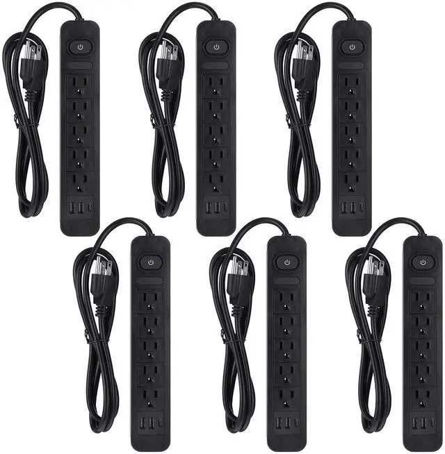 Main image of Kanayu 6 Pieces Power Strip Surge Protector with 5 Ac Outlets and 3 USB Ports, Heavy Duty Extension Cords Plug for Home Office Dorm(4.92 ft,Black)