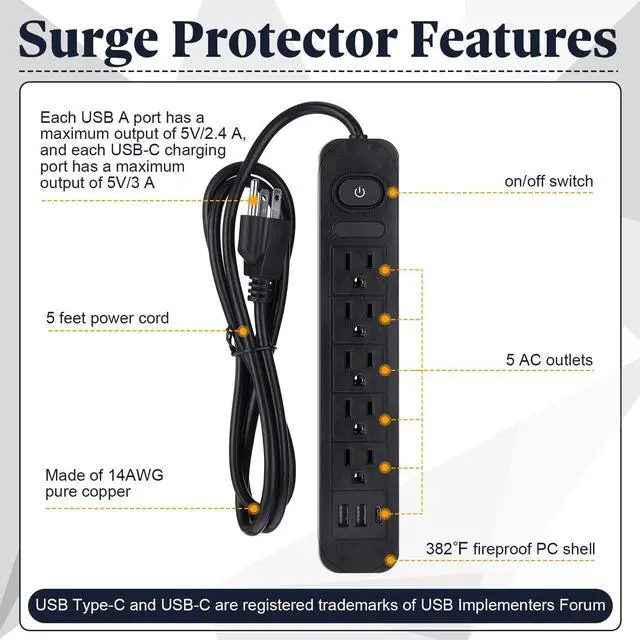 Alt view image 2 of 7 - Kanayu 6 Pieces Power Strip Surge Protector with 5 Ac Outlets and 3 USB Ports, Heavy Duty Extension Cords Plug for Home Office Dorm(4.92 ft,Black)