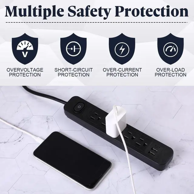 Alt view image 3 of 7 - Kanayu 6 Pieces Power Strip Surge Protector with 5 Ac Outlets and 3 USB Ports, Heavy Duty Extension Cords Plug for Home Office Dorm(4.92 ft,Black)