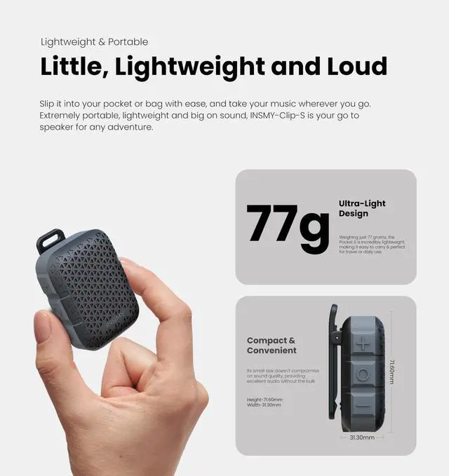 Alt view image 5 of 7 - INSMY Wearable Bluetooth Speakers,IP67 Waterproof,Clip-On Portable Small Personal Speaker/Clean Sound/Stereo Pair/Wireless 5.4/ENC Built-in Mic/Lightweight for Outdoor Golf Work Pool (Black)