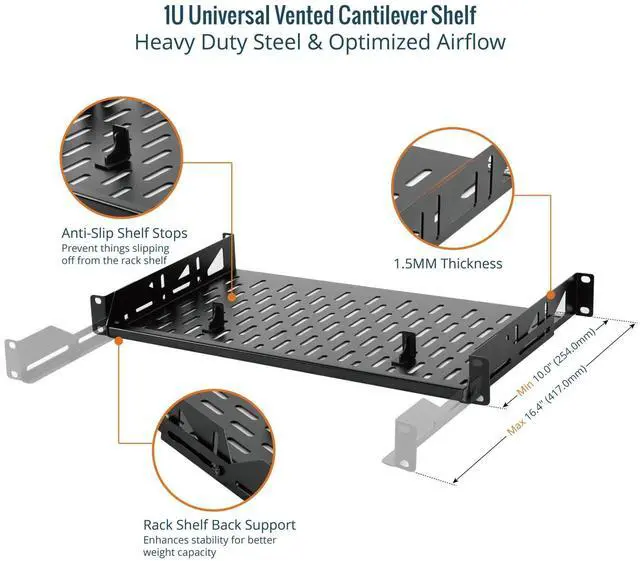 Alt view image 3 of 7 - Tecmojo Server Rack Shelf, 1U Rack Shelf 10in Depth, Network Rack Shelf with Anti-Slip Stops, 110lbs Weight Capacity of Vented Rack Mount Shelf for Data/AV/IT/Audio Racks, with Lip, Black