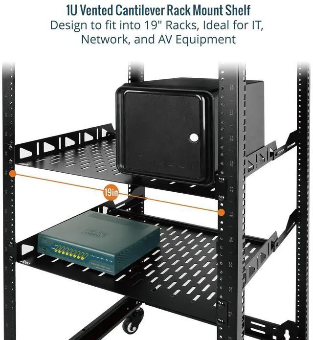 Alt view image 4 of 7 - Tecmojo Server Rack Shelf, 1U Rack Shelf 10in Depth, Network Rack Shelf with Anti-Slip Stops, 110lbs Weight Capacity of Vented Rack Mount Shelf for Data/AV/IT/Audio Racks, with Lip, Black