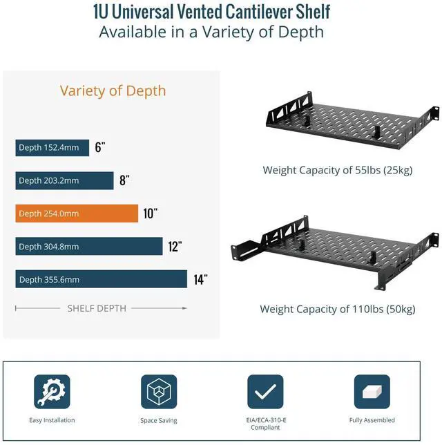 Alt view image 6 of 7 - Tecmojo Server Rack Shelf, 1U Rack Shelf 10in Depth, Network Rack Shelf with Anti-Slip Stops, 110lbs Weight Capacity of Vented Rack Mount Shelf for Data/AV/IT/Audio Racks, with Lip, Black