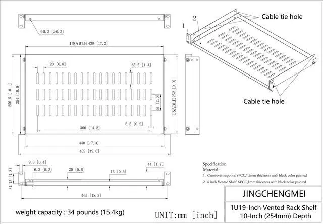 Alt view image 7 of 7 - Jingchengmei 1U Disassembled Vented Cantilever Server Rack Mount Shelf 10"(254mm) Depth for 19-Inch Network/AV Equipment Rack and Cabinet(1U10V)