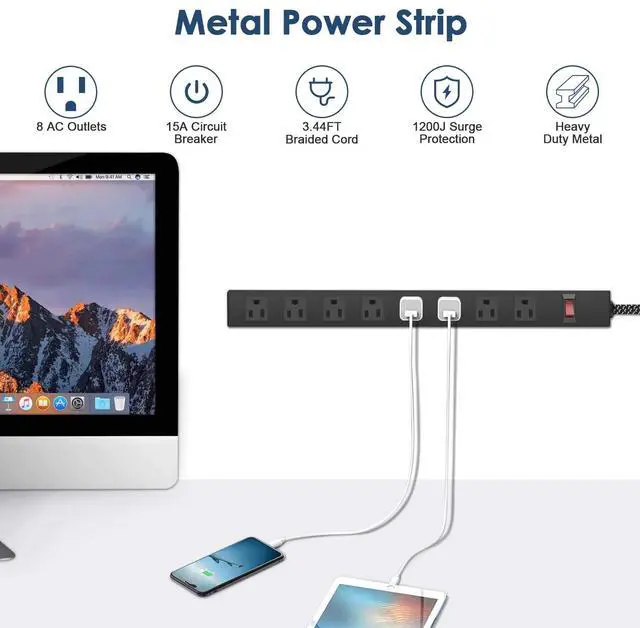 Alt view image 2 of 7 - Metal 8 Outlet Mountable Power Strip with Switch,Wide Spaced Heavy Duty Wall Mount Power Strip Surge Protector 1200J,3FT 14AWG Braided Cord 15A 125V 1875W for Home Office Industrial Garage Commercial