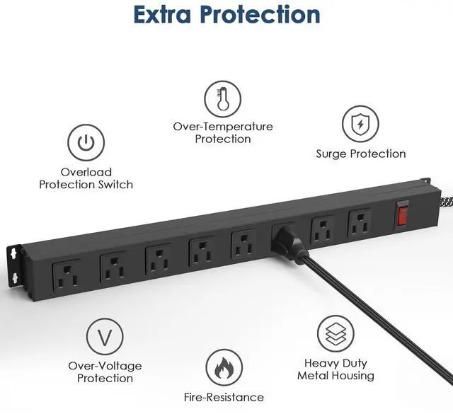 Alt view image 5 of 7 - Metal 8 Outlet Mountable Power Strip with Switch,Wide Spaced Heavy Duty Wall Mount Power Strip Surge Protector 1200J,3FT 14AWG Braided Cord 15A 125V 1875W for Home Office Industrial Garage Commercial