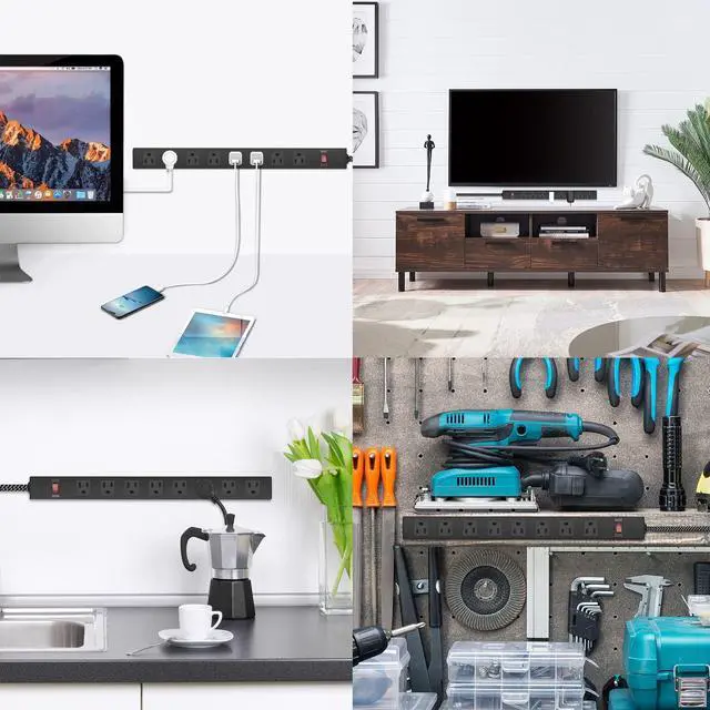 Alt view image 4 of 7 - Metal 8 Outlet Mountable Power Strip with Switch,Wide Spaced Heavy Duty Wall Mount Power Strip Surge Protector 1200J,3FT 14AWG Braided Cord 15A 125V 1875W for Home Office Industrial Garage Commercial