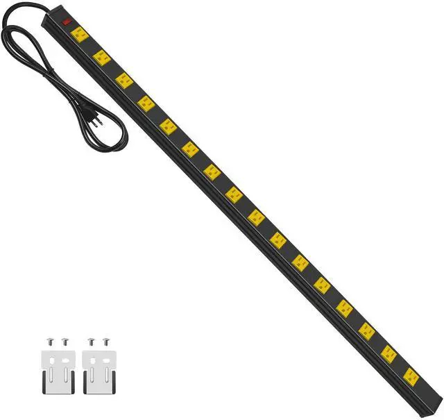 Main image of JUNNUJ Long Metal 16 Outlet Wide Spaced Garage Industrial Heavy Duty Power Strip with 6 FT Cord 15A, 125V, 1875W. Yellow