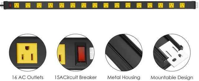 Alt view image 2 of 7 - JUNNUJ Long Metal 16 Outlet Wide Spaced Garage Industrial Heavy Duty Power Strip with 6 FT Cord 15A, 125V, 1875W. Yellow