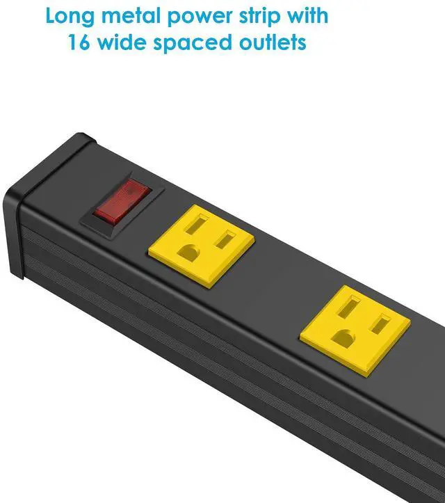 Alt view image 5 of 7 - JUNNUJ Long Metal 16 Outlet Wide Spaced Garage Industrial Heavy Duty Power Strip with 6 FT Cord 15A, 125V, 1875W. Yellow