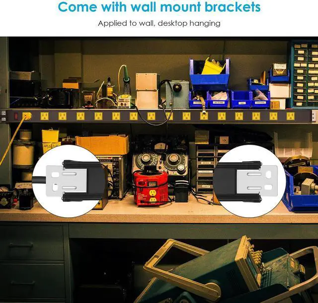 Alt view image 4 of 7 - JUNNUJ Long Metal 16 Outlet Wide Spaced Garage Industrial Heavy Duty Power Strip with 6 FT Cord 15A, 125V, 1875W. Yellow