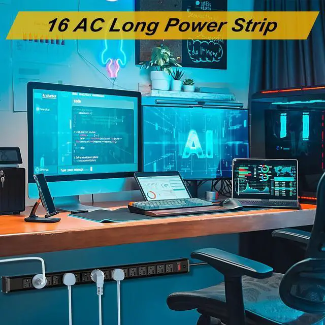 Alt view image 2 of 7 - 16 Outlets Long Power Strip Metal Wall Mount Power Strip 10 FT Heavy Duty Garage Workbench Workshop Bar Industrial Electric Strip Outlets, ETL (Black)