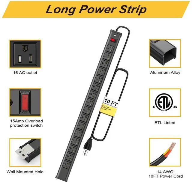 Alt view image 5 of 7 - 16 Outlets Long Power Strip Metal Wall Mount Power Strip 10 FT Heavy Duty Garage Workbench Workshop Bar Industrial Electric Strip Outlets, ETL (Black)
