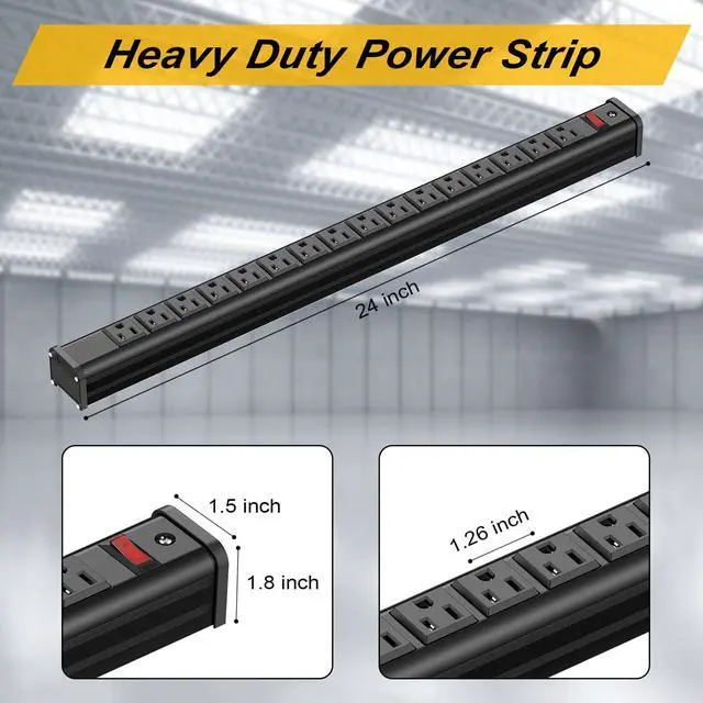 Alt view image 7 of 7 - 16 Outlets Long Power Strip Metal Wall Mount Power Strip 10 FT Heavy Duty Garage Workbench Workshop Bar Industrial Electric Strip Outlets, ETL (Black)