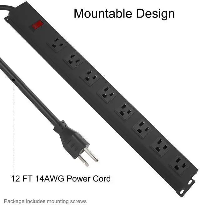 Alt view image 3 of 7 - Metal 8 Outlet Mountable Power Strip, Wall Mount Outlet Heavy Duty, Wide Spaced Commercial Shop Power Strip with Switch, 15A 125V 1875W, 6 FT SJT 14AWG Power Cord (12FT)