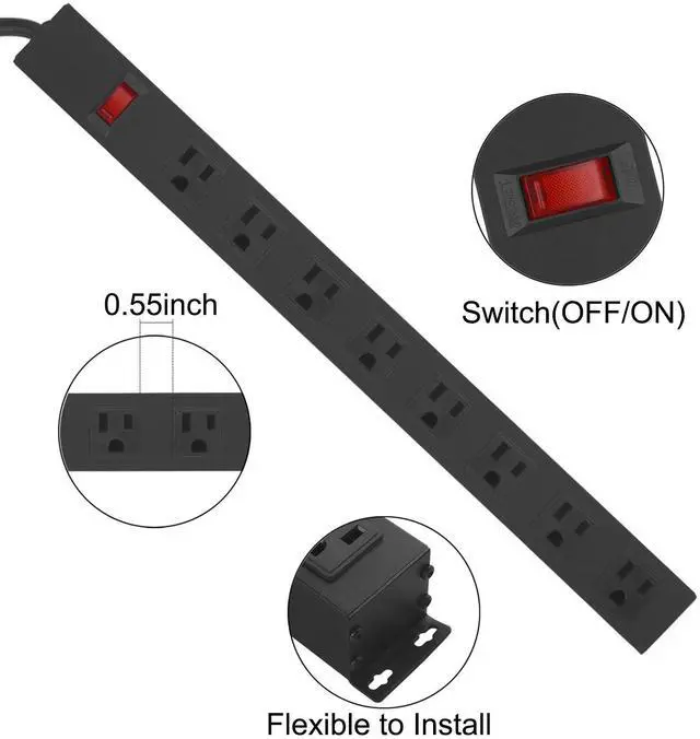 Alt view image 4 of 7 - Metal 8 Outlet Mountable Power Strip, Wall Mount Outlet Heavy Duty, Wide Spaced Commercial Shop Power Strip with Switch, 15A 125V 1875W, 6 FT SJT 14AWG Power Cord (12FT)